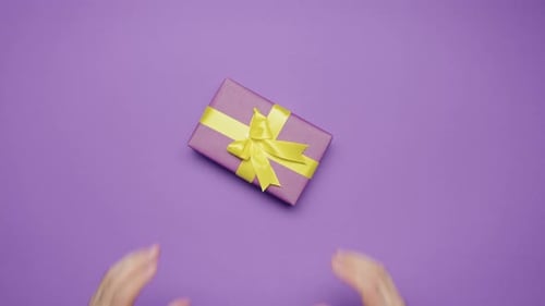 Beauty of Giving and Receiving Gifts Presents Between Man Woman Violet Top View Couple Celebrations