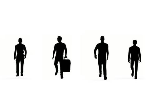 Animated Black Silhouettes of Men Walking with Travel Luggage