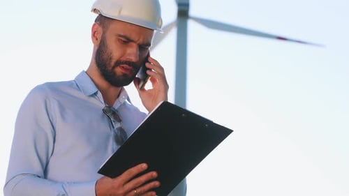 Talking by phone, holding notepad. Service engineer is on the field with windmills