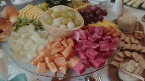 fresh fruit platter with grapes melon and watermelon