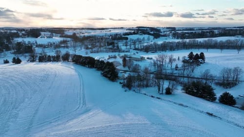 Beautiful Snowy Winter Landscape Aerial View Over Scenic Countryside Fields
