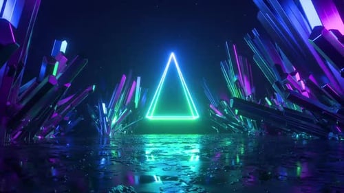 Stunning neon pyramid amidst crystal shards and starlight