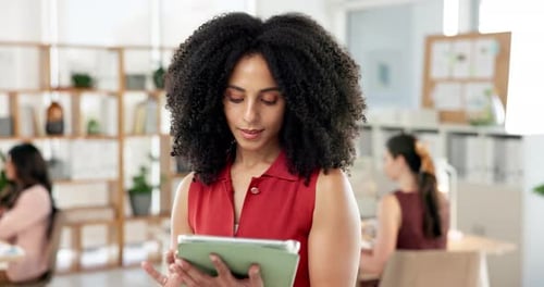 Thinking, online and woman with tablet, office and research for ad campaign on social media and web