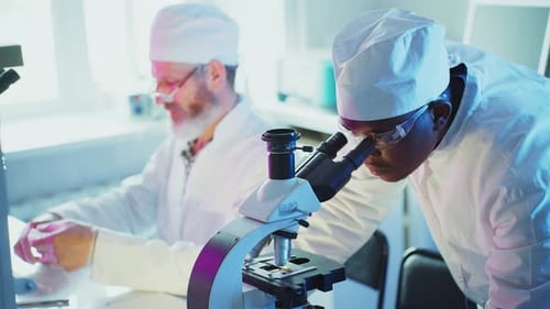 Scientifique utilisant un microscope en laboratoire avec un collègue