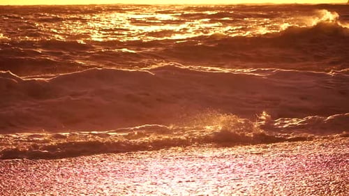 Storm Sea Wave Blurred Soft Foamy Waves Washing Golden Sandy Beach on Sunset Ocean Waves On Sandy
