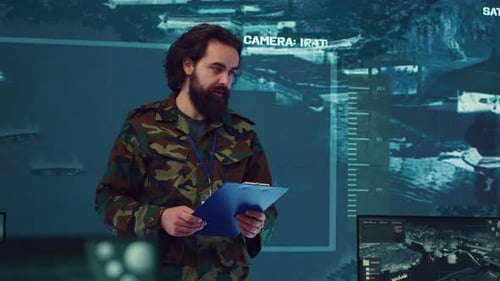 Man Presents in Futuristic Military War Room