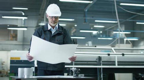 Senior engineer in hardhat is standing in a factory and looking at a blueprint.