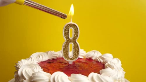 08. A candle in the form of the number 8, inserted into the holiday cake, is lit. Celebrating a birt