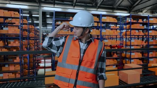 Asian Male Engineer Flexing His Bicep And Smiling In The Warehouse