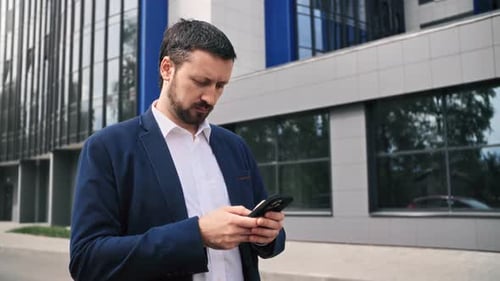Confident Brutal Business Man in Suit White Shirt Chatting Smartphone App Downtown District Outdoor