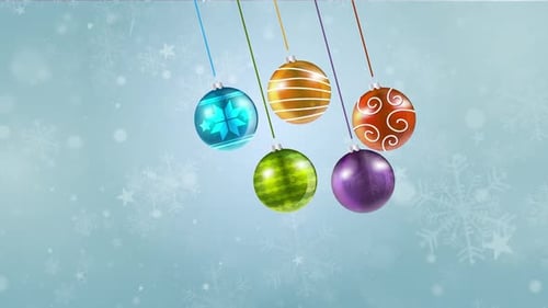 Colorful Christmas Ornaments Swinging with Falling Snow Animation