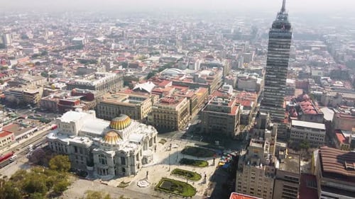 Aerial view of Mexico City, light trails and Bellas Artes and torre latinoamericana