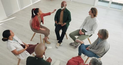 Group counseling, helping and people for support, empathy or mental health in psychology and circle