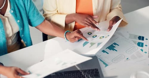 Business people, documents or hands with laptop for finance or budget planning above in office