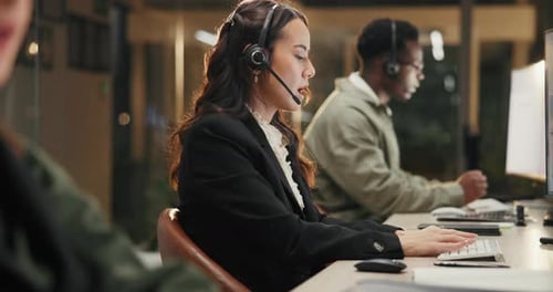 Typing, customer service and woman with headset for call center, telemarketing