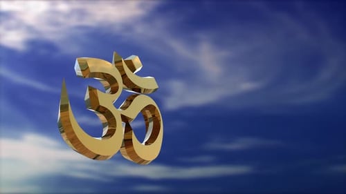 Golden 3D Om Symbol Rotating on Blue Sky Background