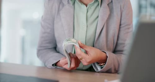 Business, woman and money in hands or cash, bonus and accountant with financial profit in office