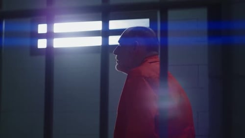 Guilty Inmate in Detention Center Looks on Window