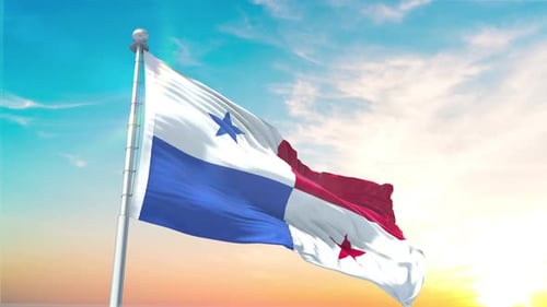 Realistic Panama Flag Waving on Flagpole Against Sunny Sky