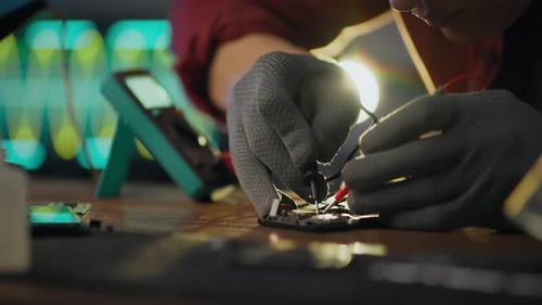 Technician Repairing Electronics with Multimeter on Workbench