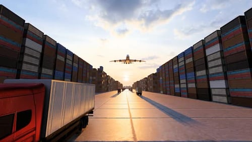 Hafenterminals stapeln sich Container und stark frequentierte Transportfahrzeuge