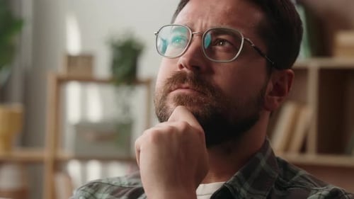 Pensive Thoughtful Caucasian Man Thinking Male Portrait at Home Solution Ponder Idea Think Bearded