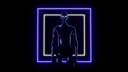 Futuristischer humanoider Roboter mit Neonlichtern und Binärcode-Hintergrund