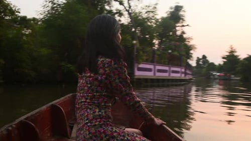 Woman Sit Long Tail Boat Enjoy Canal Views