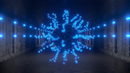 Rotation d'une figure abstraite composée de billes dans un tunnel en béton. Des images d'animation fluides pour vous