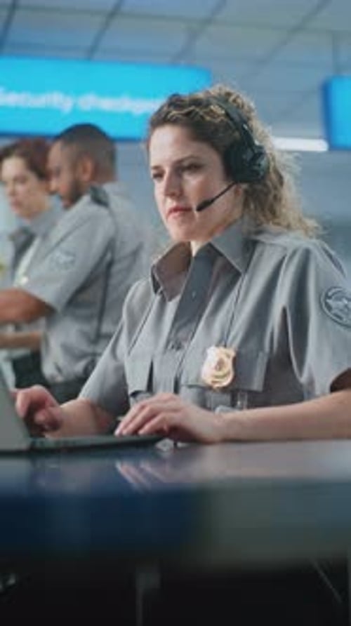 Airport Security Checkpoint Female Security Officer in Headset Using Laptop Looking at Camera