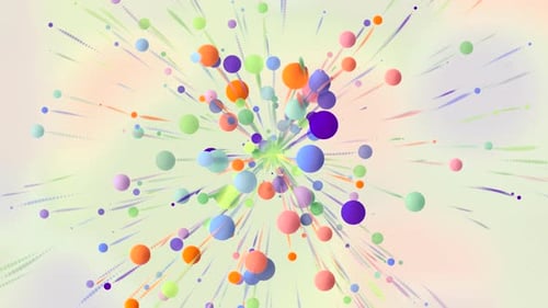A bright rain of multicolored small circles in animation that crumble in a chaotic manner