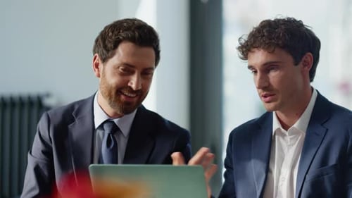 Happy Colleagues Video Calling at Cafe Closeup Businesspeople Talking Laptop