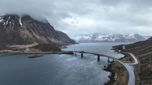 Aerial Drone 4K Footage of Bridge in Reine, Lofoton Islands, Norway