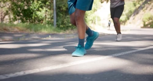 Fitness, marathon or legs on road with running, exercise or athlete pace in cardio workout