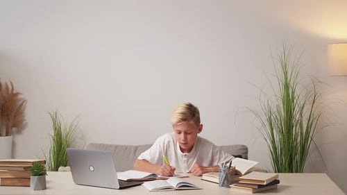 Boy Doing Schoolwork at Desk with Laptop
