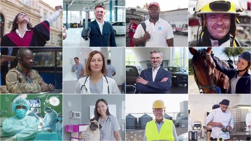 Collage de personas de diferentes profesiones, hombres y mujeres de muchos oficios, concepto de trabajo: profesional