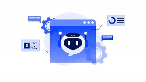 Ai innovation animation vector chatbot with windows data elements and gear mechanism.