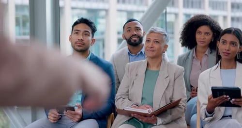 Presentation, audience and speaker with business people in workshop for training