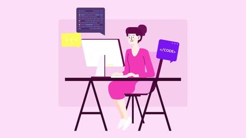 femme au bureau travaillant et programmant, création d'algorithmes, animation 4k
