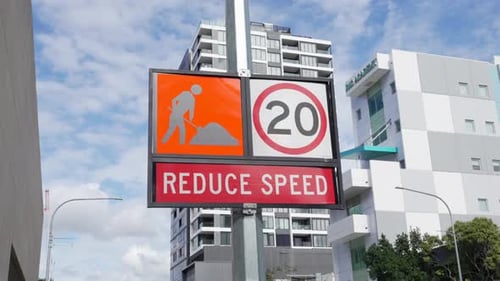 Reduce speed to 20 mph kph sign, roadwork road work Brisbane AUstralia city