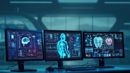 Doctor Working at Futuristic Office Multiple Monitors Displaying Medical Images Data and Body Scans