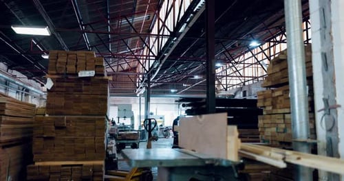 Construction equipment, wood and timber in workshop factory and carpentry warehouse