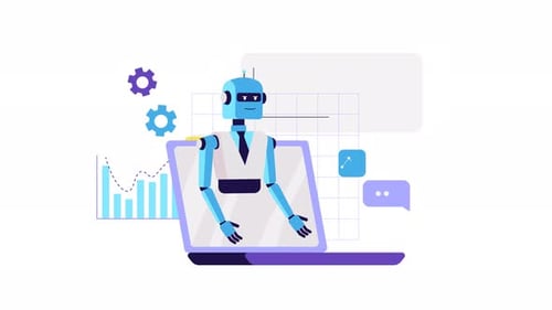 Robot talking animation. Laptop, graphs, business concept. Chat bot, artificial intelligence