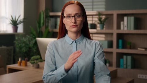Serious Caucasian Business Woman Crossing Arms Showing No Gesture Indoor Office Confident Female