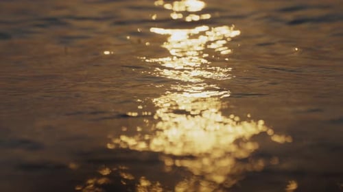 Tranquil slow-motion shallow focus gentle waves on tropical sandy beach at golden hour sunset with w