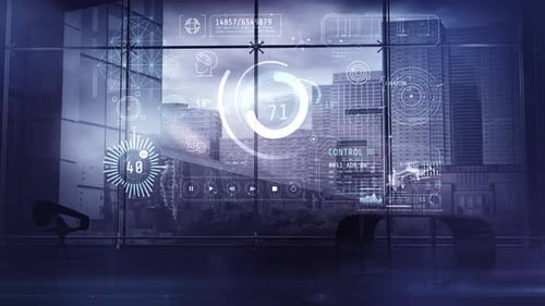 Futuristic Digital Data Interface Overlay in Corporate Office