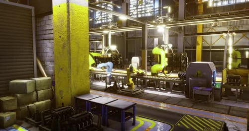 Modern Factory Interior Showcasing Robotic Assembly and Machinery Work