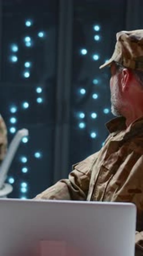 Couple of Soldiers Collaborating in Cyberspace Data Center Office Failure at Work System Error
