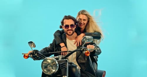 Travel, blue background and couple on motorcycle for road trip, adventure and holiday mockup