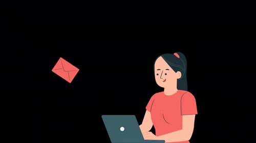 The Business Woman Working In The Office Sends The Project As a Message by e-mail 4K Alpha Channel